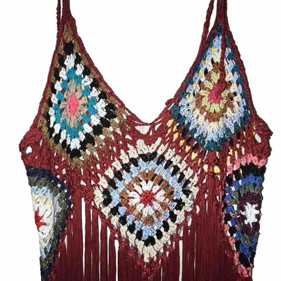 Women’s Swim Cover Up One Size Red Crochet Tassel Beach Mid Length Sexy - Picture 3 of 9